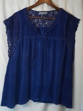Unity World Wear Navy Lace Cap-Sleeve Peasant Top Shirt Flowy Fairy Boho Hippie